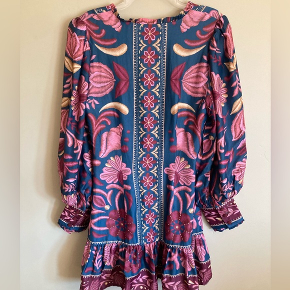 NEW FARM Rio Seashell Tapestry Teal Long Sleeve Mini Dress Floral Beaded Size M - Picture 12 of 16